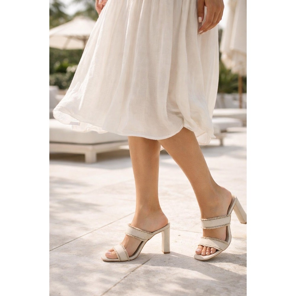 Schutz Amelyn Fringe Slide Sandals Block Heel Oyster Linen Size‎ 9